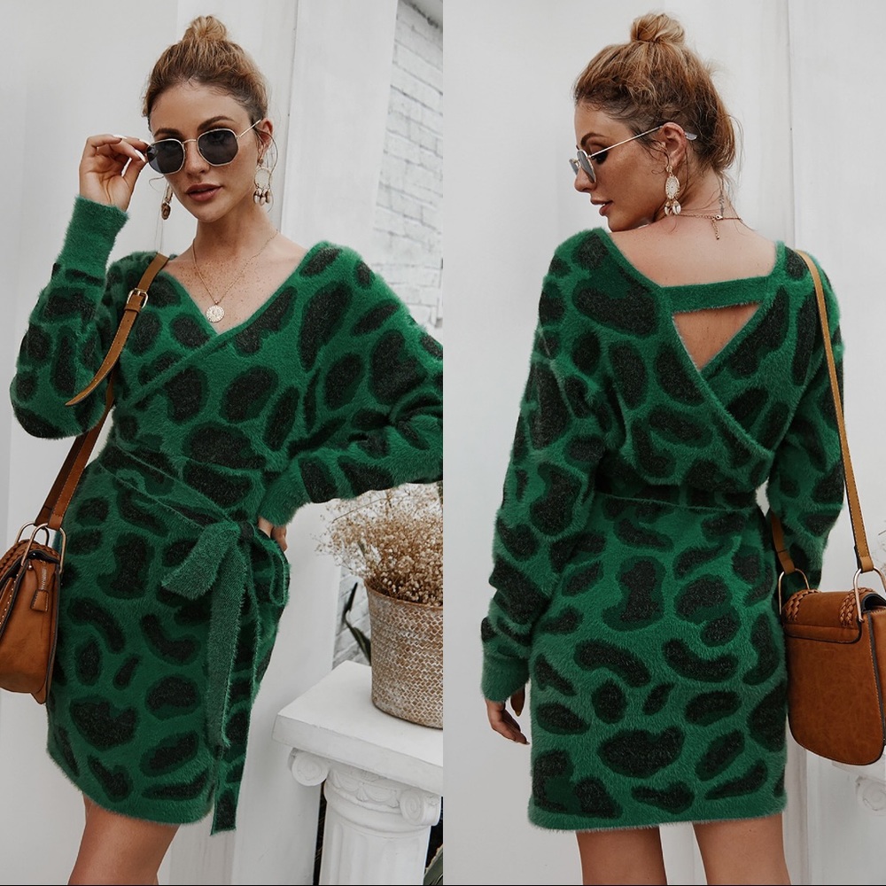 🆕🔥Leopard V Neck Tie Belt Sweater Dress Jade